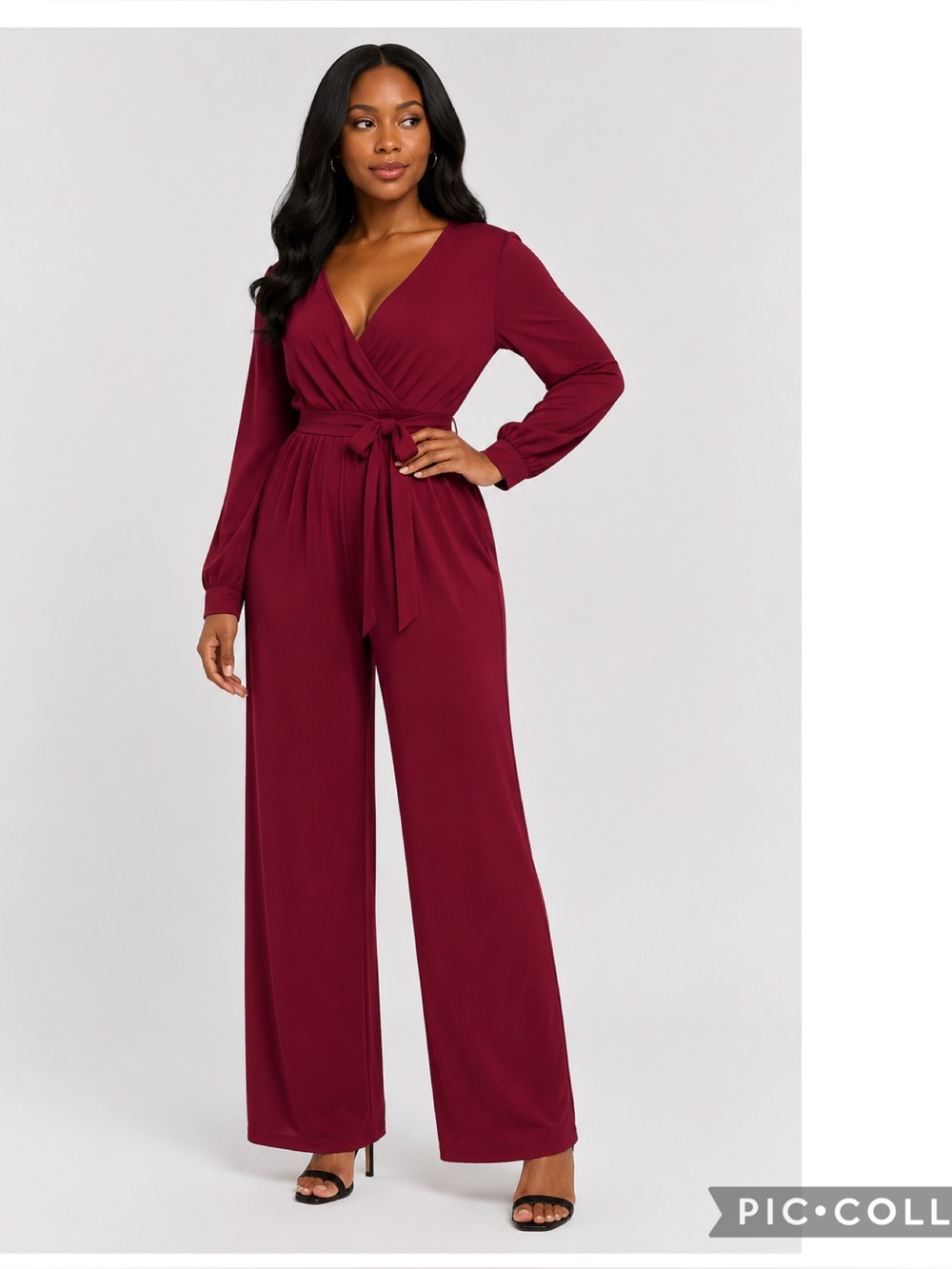 BURGUNDY SURPLICE NECKLINE WIDE LEG JUMPSUIT - Picture 1 of 3